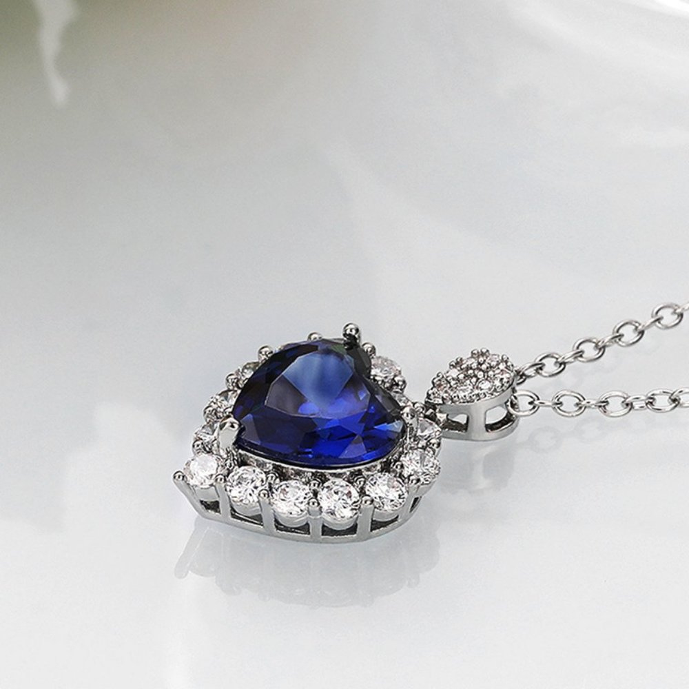 NEW Silver Blue Sapphire Heart Round Diamond Halo Necklace - Picture 7 of 7